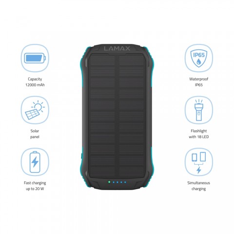 LAMAX Journey 12000mAh külső akkumulátor napelemes töltési lehetőség 20W gyorstöltés lámpa funkció