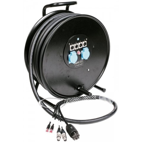 Klotz CAT5e és audió és táp 3G2.5 hibrid kábeldob 2 x RJ45 => etherCON + 2 x XLR 3p + Schuko - 2,4m