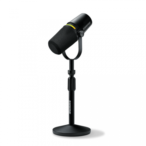 SHURE MOTIV digitális podcast mikrofon, XLR, USB-C kábel, fekete, talpas állvánnyal