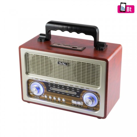 SAL RRT3 retro táskarádió stereo multimédia lejátszó BT USB/microSD AUX 3 sávos rádió hálózati/elemes