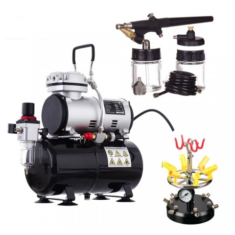 Prémium modellező airbrush csomag pisztollyal tömlővel tartályokkal állvánnyal kompresszorral