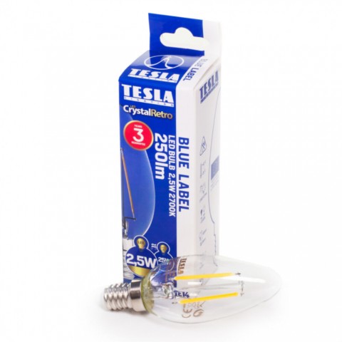 TESLA LED FILAMENT RETRO gyertyaizzó E14 2,5W 230V 250lm 2700K 360° clear