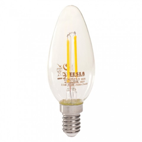 TESLA LED FILAMENT RETRO gyertyaizzó E14 2,5W 230V 250lm 2700K 360° clear