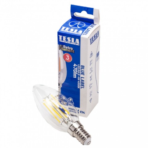 TESLA LED FILAMENT RETRO gyertyaizzó E14 4W 230V 470lm 4000K 360° clear
