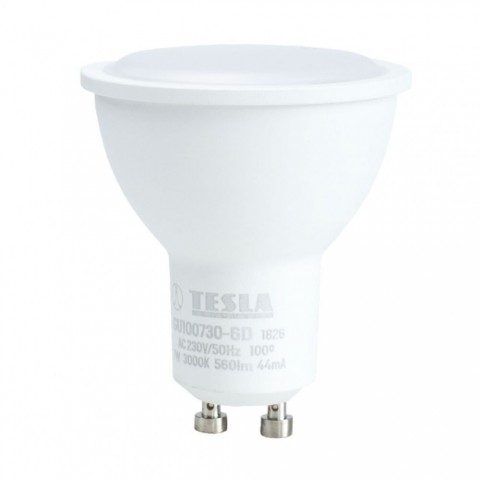 TESLA LED izzó GU10 7W 230V 560lm 100° 30 000hrs 3000K (meleg fehér) Ra 80 szabályozható