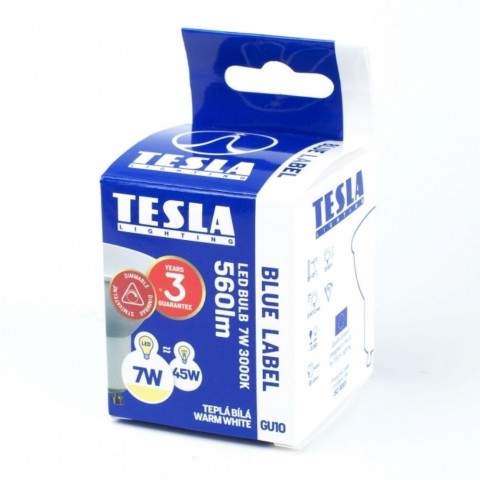 TESLA LED izzó GU10 7W 230V 560lm 100° 30 000hrs 3000K (meleg fehér) Ra 80 szabályozható
