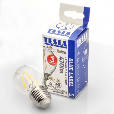 TESLA LED minigömb FILAMENT RETRO izzó E27 4W 230V 470lm 2700K 360°,clear