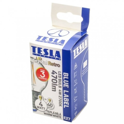 TESLA LED minigömb FILAMENT RETRO izzó E27 4W 230V 470lm 2700K 360°,clear