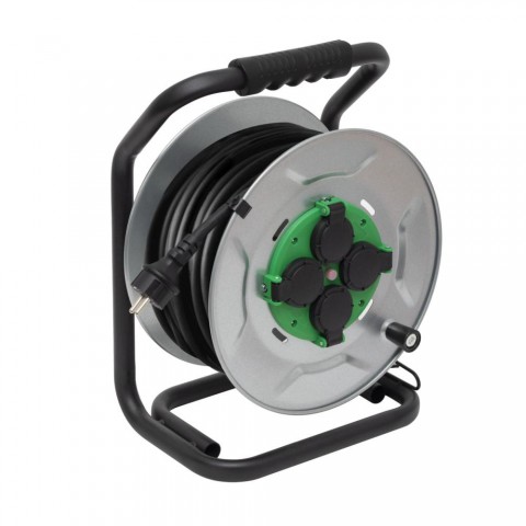 HOME HJRM2025 fém kábeldob, 25 méter, fém talp, H07RN F 3G2,5 mm2 vezeték, 250 V~ / max. 16 A, túlmelegedés elleni védőkapcsolóval