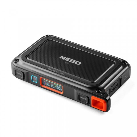 NEBO NEB PST-0004-G Rambler PS100, PowerBank, 95,9 Wh, 2x USB-A (2,4 A), 1x USB-C PD (45W), szolárpanel kompatibilis, 385 lm lámpa