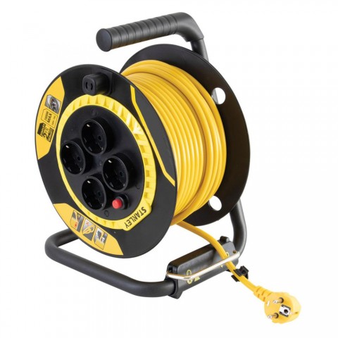 STANLEY SXECCL26BVE beltéri kábeldob, 25 m, beépített kábelvezető, masszív fém láb és fogantyú, H05VV F 3G1,5 mm2 kábel, max. 3000 W