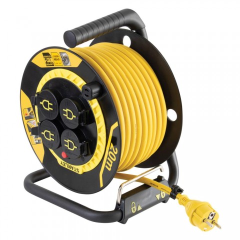 STANLEY SXECCL27ARE kültéri kábeldob, 20 m, IP44 es védelem, kábelvezető, masszív fém láb, H07RN-F 3G1,5 mm2 kábel, max. 3000 W