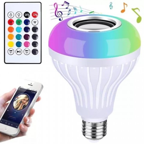 RGB LED izzó beépített Bluetooth hangszóróval és távirányítóval E27 foglalat