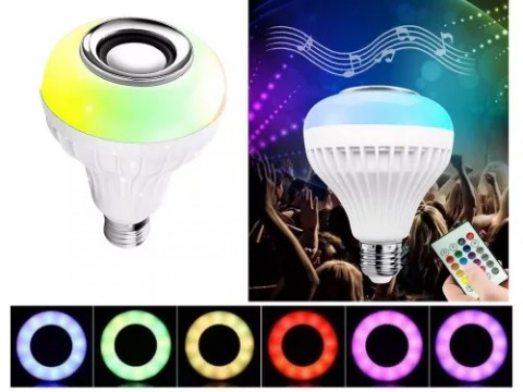 RGB LED izzó beépített Bluetooth hangszóróval és távirányítóval E27 foglalat