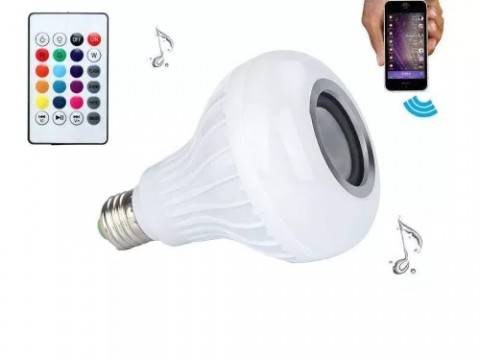RGB LED izzó beépített Bluetooth hangszóróval és távirányítóval E27 foglalat